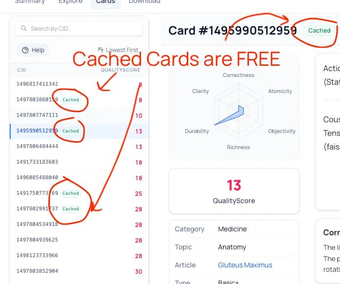 Diagram showing cached cards being retrieved free of charge in a subsequent audit