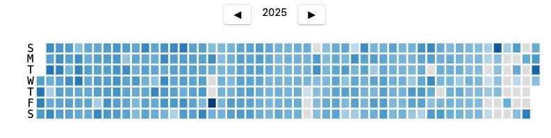 Anki review heatmap for 2025 showing daily flashcard usage